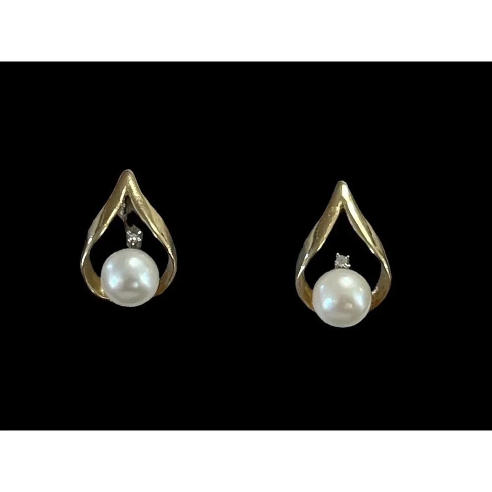 Vintage Signed UL 14K Gold Pearl Diamond Drop Pierced Earrings - Picture 2 of 10